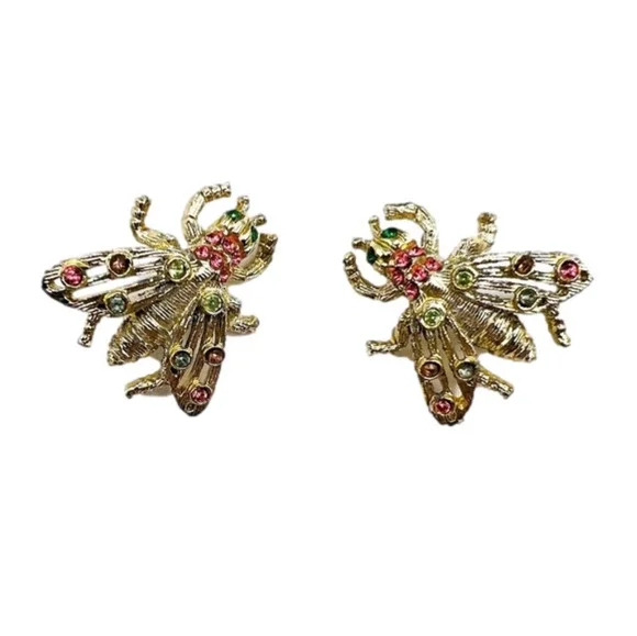 Retro Bug Brooch Duo Vintage Fly Insect Pair Gold Tone Green Pink Rhinestones - Picture 1 of 6